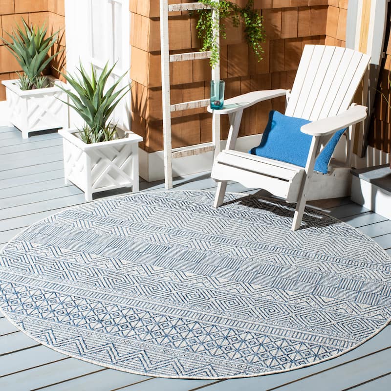 SAFAVIEH Courtyard Zorana Indoor/ Outdoor Waterproof Patio Backyard Rug - 4' x 4' Round - Grey/Navy