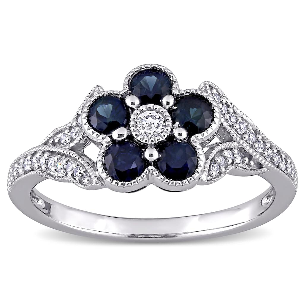 Flower Blue Sapphire and 1/6ct TDW Diamond Split Shank Ring in 10k White Gold by Miadora