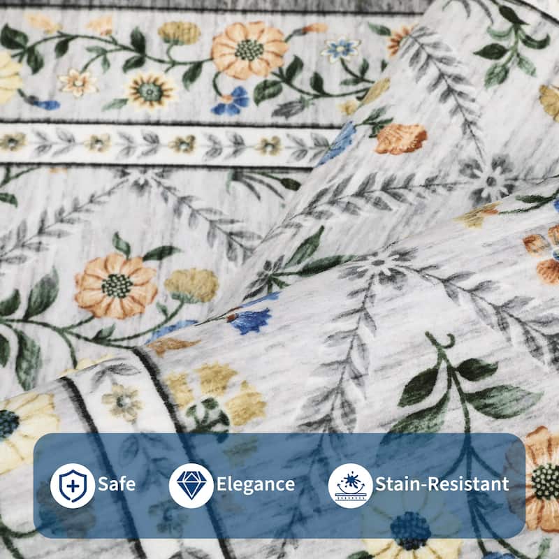 Floral Area Rugs for Living Room Bedroom Soft Farmhouse Washable Rug Non-Slip Low Pile Accent Carpet