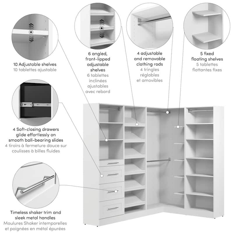 Bestar Florence 85W x 60D L Shaped Walk-In Closet System, Shaker