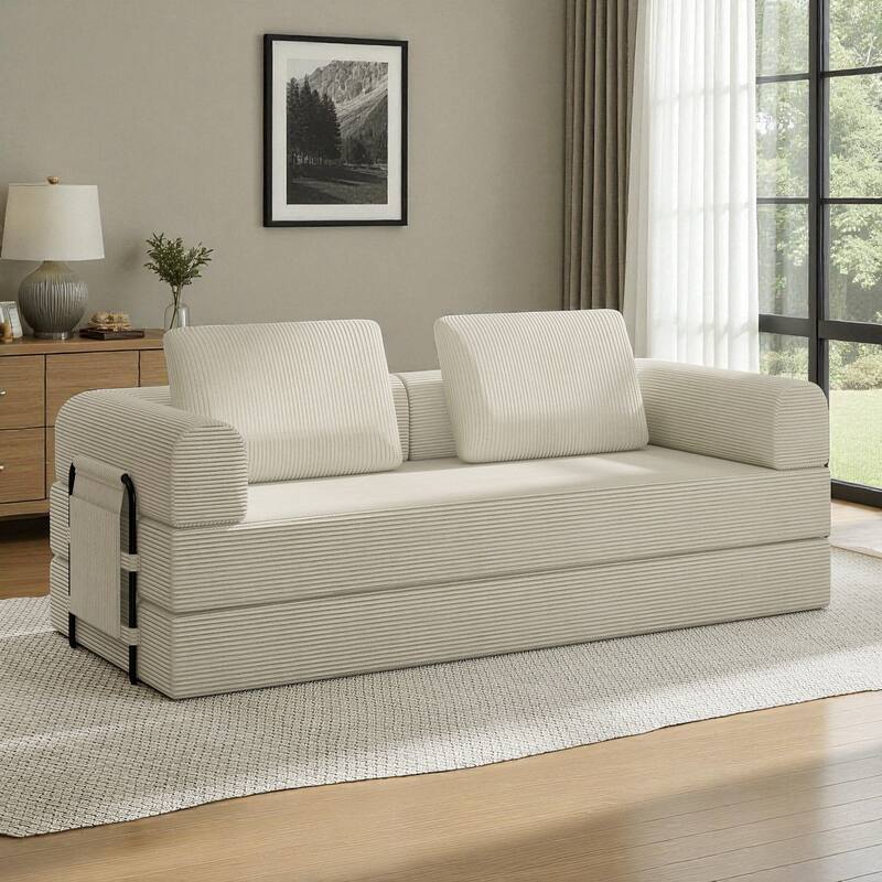 Convertible Corduroy Sleeper Sofa Bed, 3-Seat Folding Floor Couch with Cylindrical Pillow & Fixed-Shape Frame - Beige