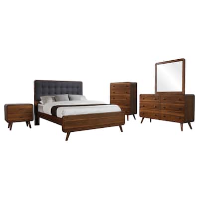 Ryb 5pc Bedroom Set w Cal King Bed, Walnut Brown, Dark Gray Upholstery