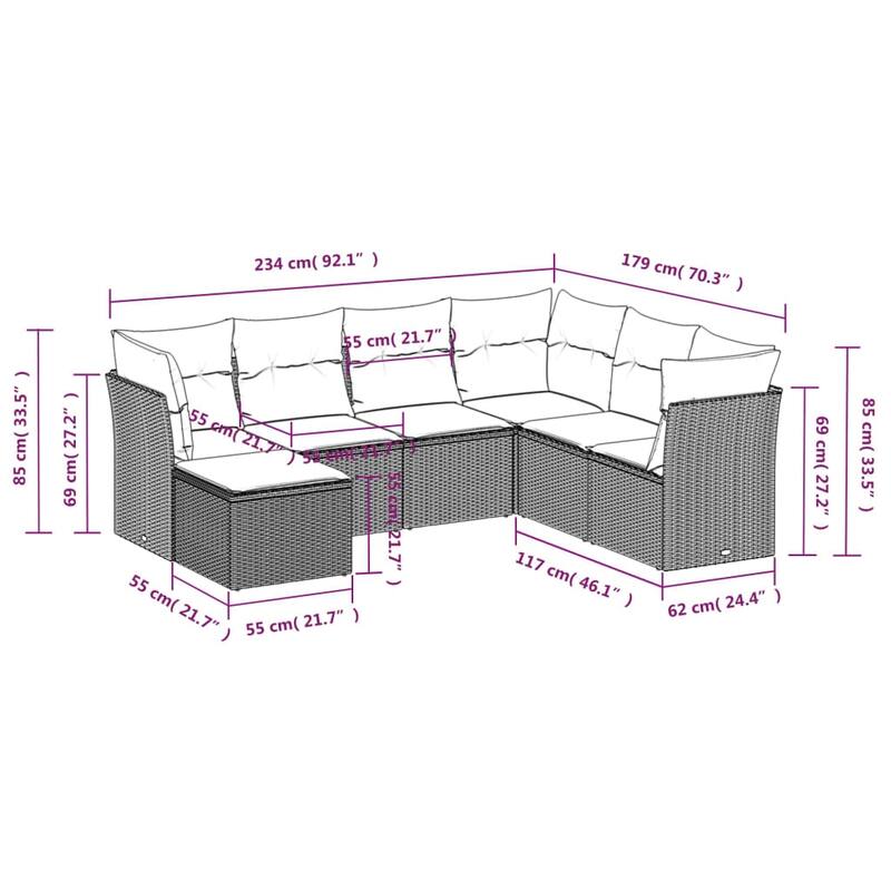 vidaXL 7/8 Piece Patio Sofa Set with Cushions Black/Brown/Gray Poly Rattan