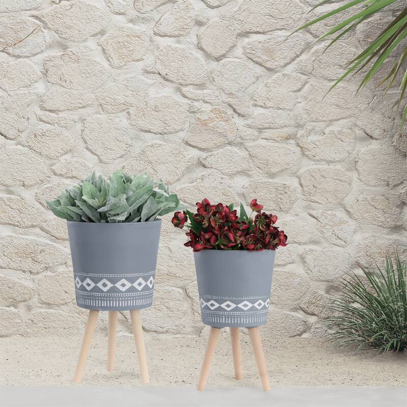 S/2 10/12" Diamond Planter w/ Wood Legs - Grey