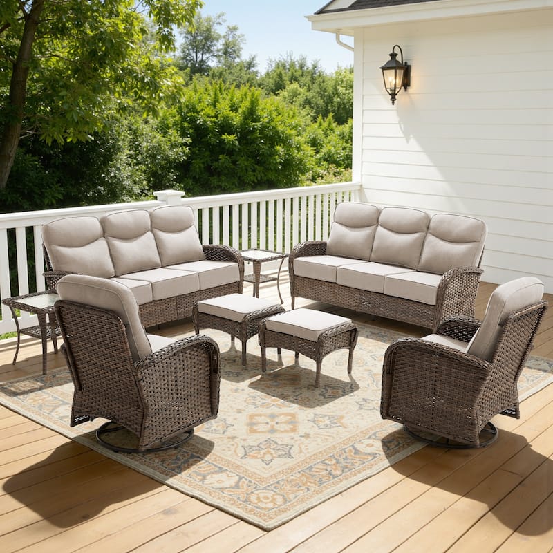 Meyreso 8-Piece Wicker Patio Conversation Set with Swivel Gliders and 6-Inch Thick Olefin Cushions