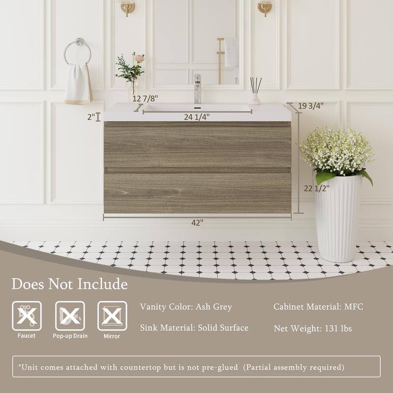 ABRUZZO 42" Floating Single Bathroom Vanity Wall-Mounted with Integrated Resin Top Basin 2 Soft Close Drawers Full Assembly