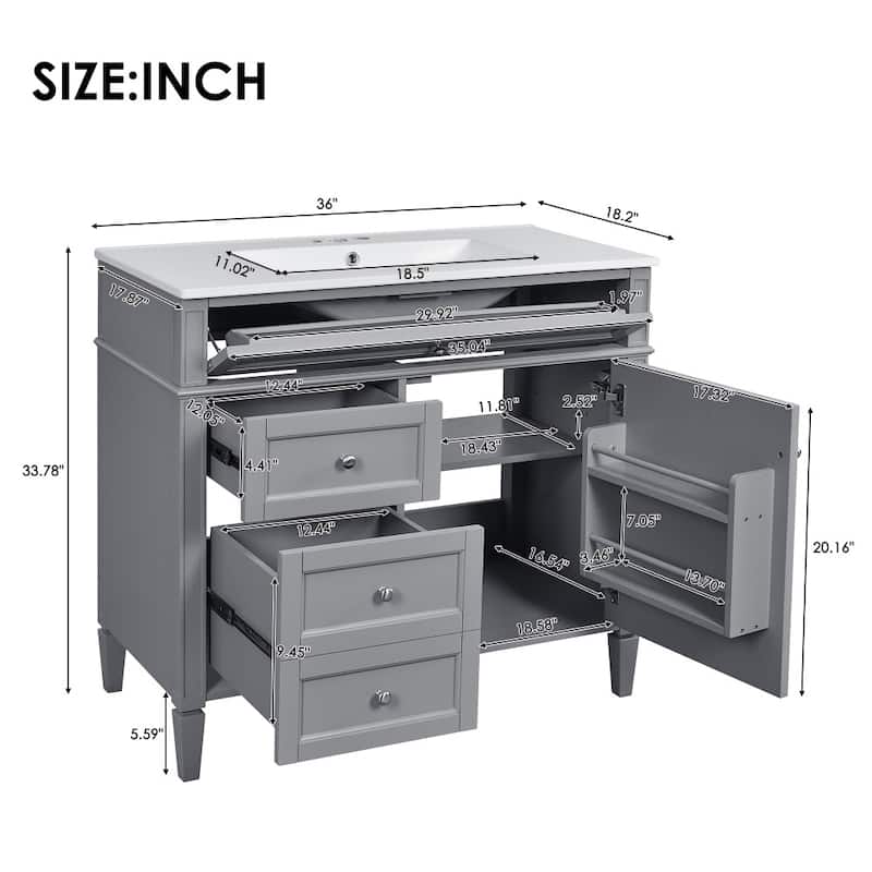 36 in. Modern MDF Bathroom Vanity with White Ceramic Top Sink and Tip out Drawer