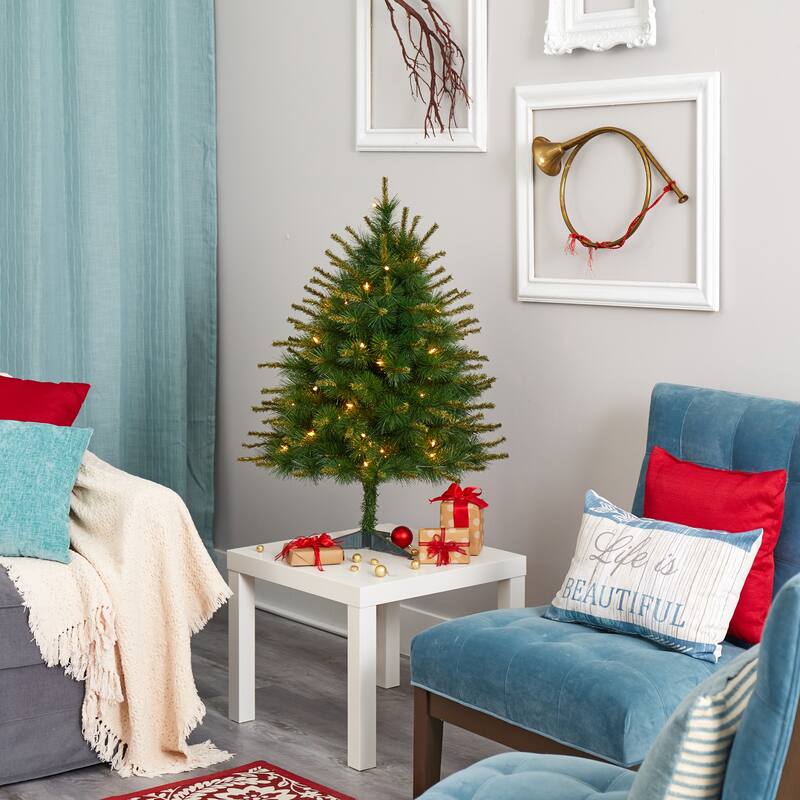 3’ Pre-Lit New England Pine Artificial Christmas Tree, Clear LED Lights - 3 Foot