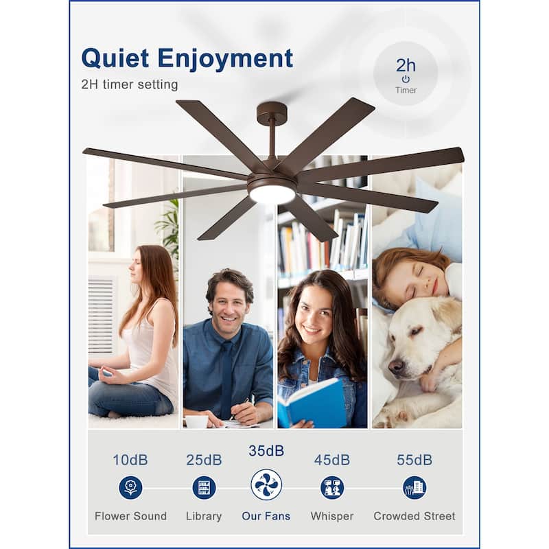 Large Ceiling Fan with Light - 8-Blade, Remote App Control, Dimmable 3CCT, Quiet DC Motor​, 66/72 Inches
