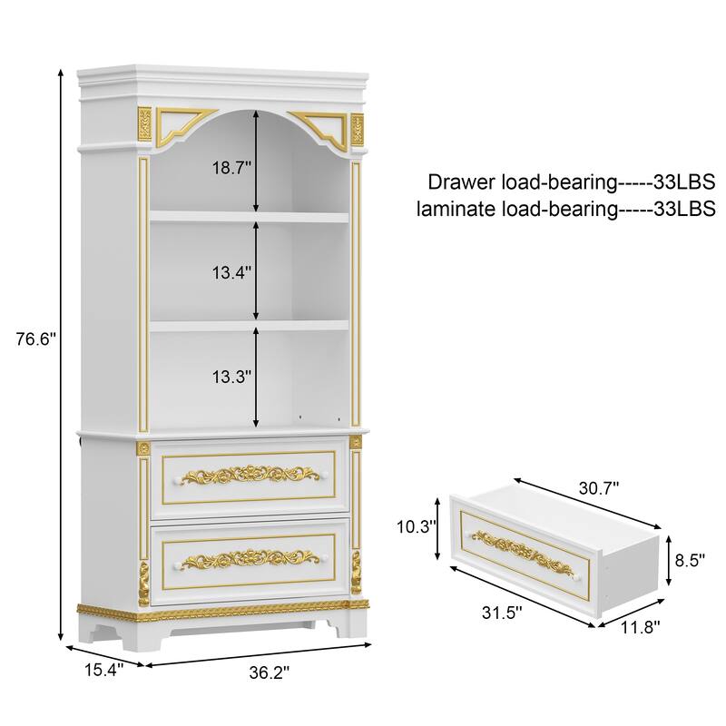Display Cabinet with Drawers Tall Wine Bar Bookcase with LED Light Glass Shelves, Carved Solid Wood Front, 76.6"