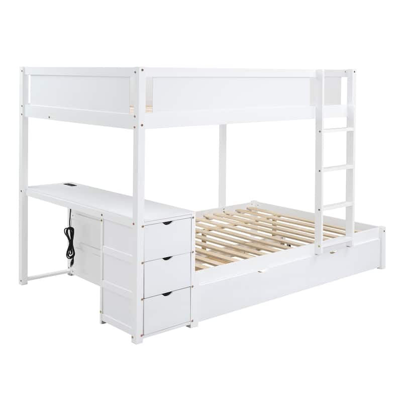 Full-Over-Full Bunk Bed with Twin size Trundle, Storage and Desk, Gray
