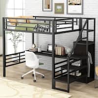 Black Metal Full Size Loft Bed with Desk, Storage Staircase, and ...