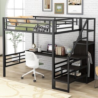 Full Size Metal Loft Bed with Desk, Wardrobe, and Storage Stairs