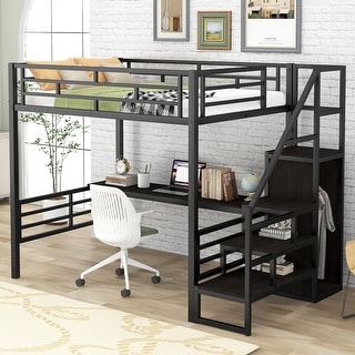 Versatile Full Size Loft Bed with Built-in Desk, Sturdy Metal Bedframe w/Storage Staircase & Wardrobe, Save Space Design