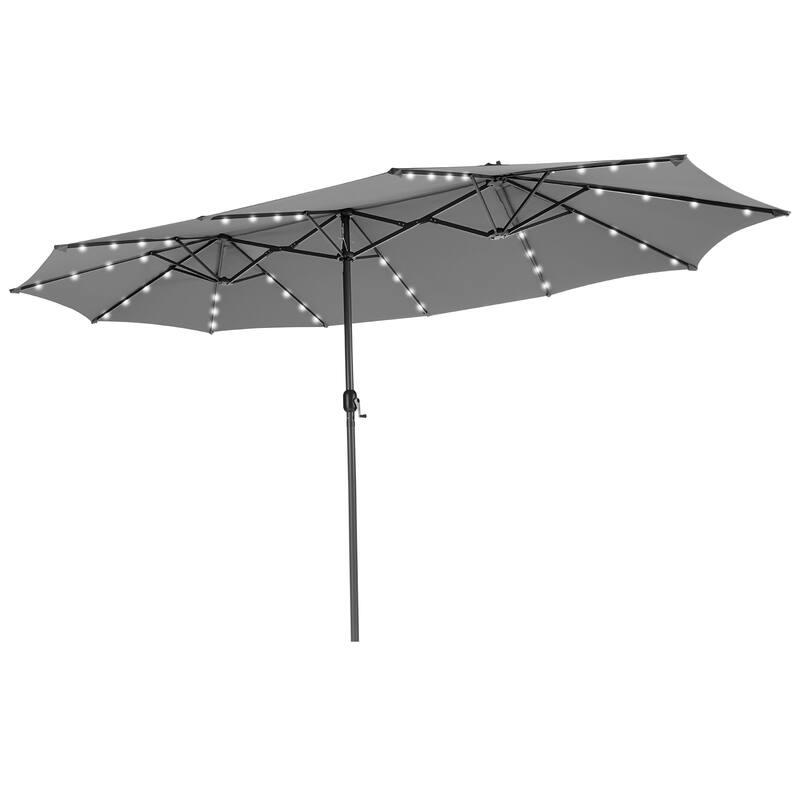 15ft Twin Outdoor Patio Umbrella with 48 Solar LED Lights and Crank
