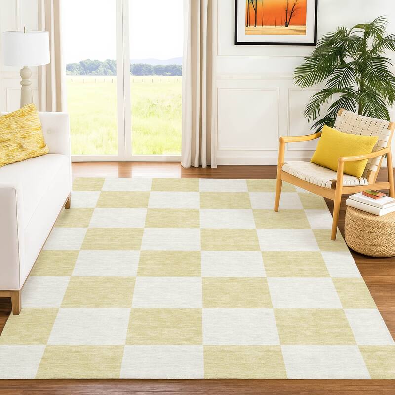 Machine Washable Indoor/ Outdoor Modern Checker Chantille Rug