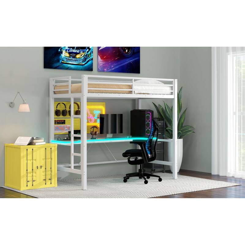 Twin Size Metal Gaming Loft Bed with LED Lights, USB Charging Station and Desk