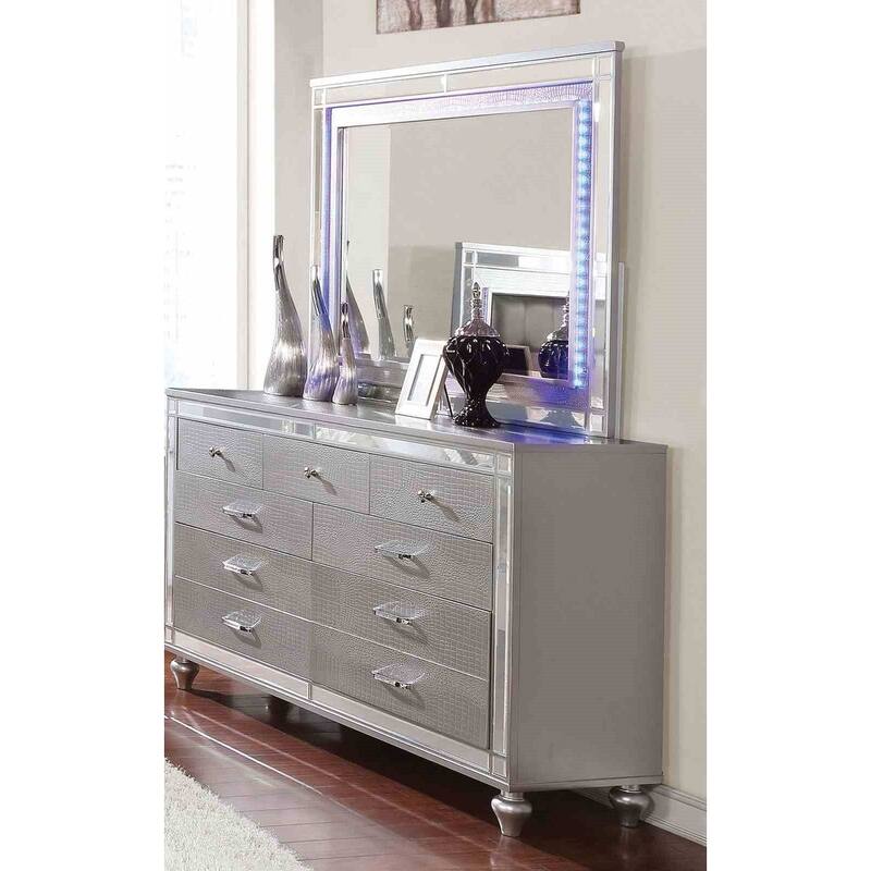 Modern Silver Finish Bedroom Set LED Lights Bed Nightstand Dresser Mirror Chest