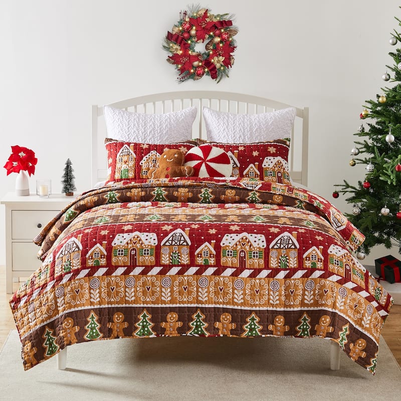 Greenland Home Gingerbread Lane Whimsical Novelty Holiday Quilt Set