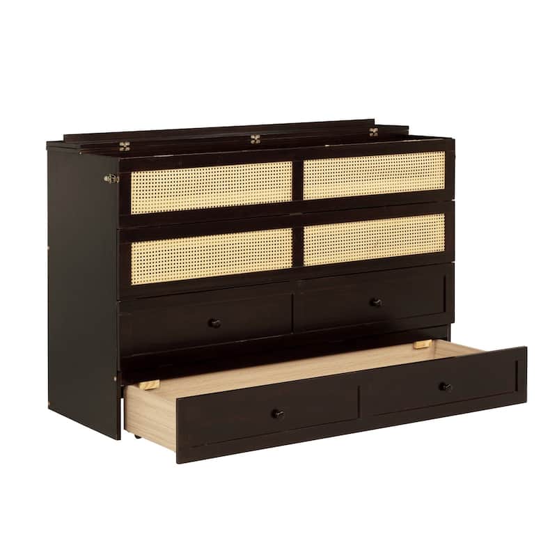 Queen Size Wood Murphy Bed with Rattan Decoration Panel and Drawer