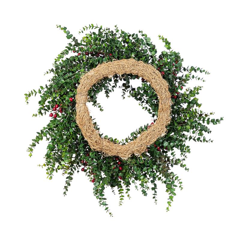 Glitzhome 9ft/6ft Christmas Greenery PE Dripping Eucalyptus Garland & 28"D Wreath with Red Berries