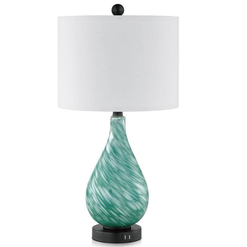 Cinkeda Table Lamp Teal Green Glass 3-Way Touch Dimming Dual USB Ports - 12'' x 12'' x 24'' (L x W x H)