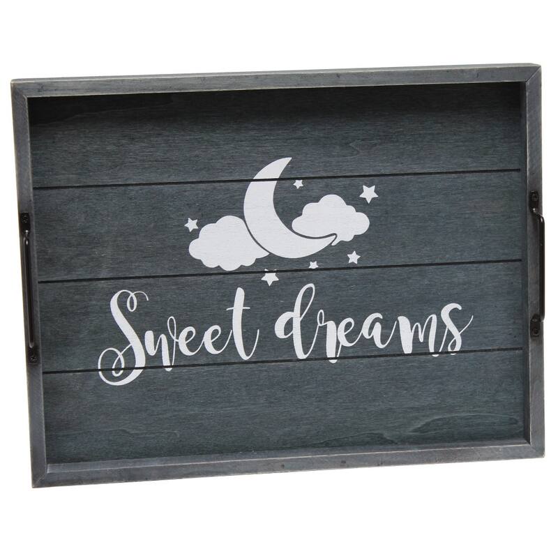 HomeRoots 16" Dark Blue And White Sweet Dreams Serving Tray With Handles - 15.50 in. x 2.25 in. x 12.00 in.
