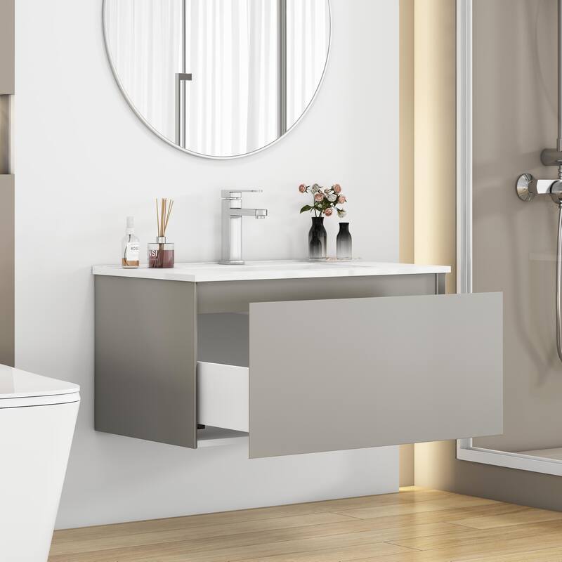 Wall-Mounted Bathroom Vanity, Floating Single Drawer Cabinet, 32 Inch Integrated Ceramic Sink - Gray - 32 Inch