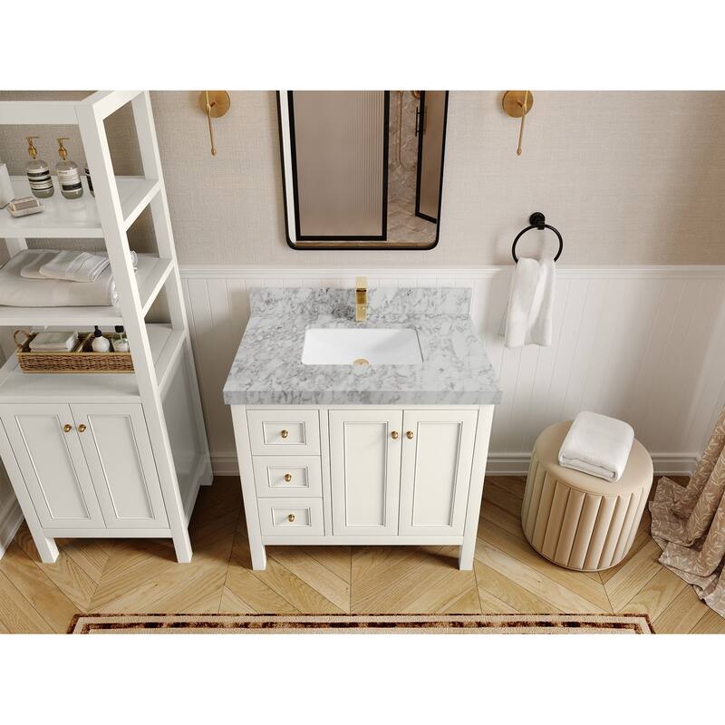Willow Collections 36 in. W x 22 in. D Nashville Center Right Sink Bathroom Vanity with Countertop - 2”Carrara Marble - Ivory