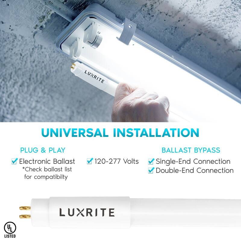 Luxrite 4FT T5 LED Tube Lights, 24W=54W, 45.78", Ballast and Ballast Bypass Compatible, Damp Rated 12 Pack