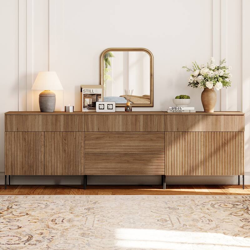 94.5" Modern Reeded 5-Drawer Dresser Set For Bedroom, Minimalist Chest Of Drawers With Storage - Walnut