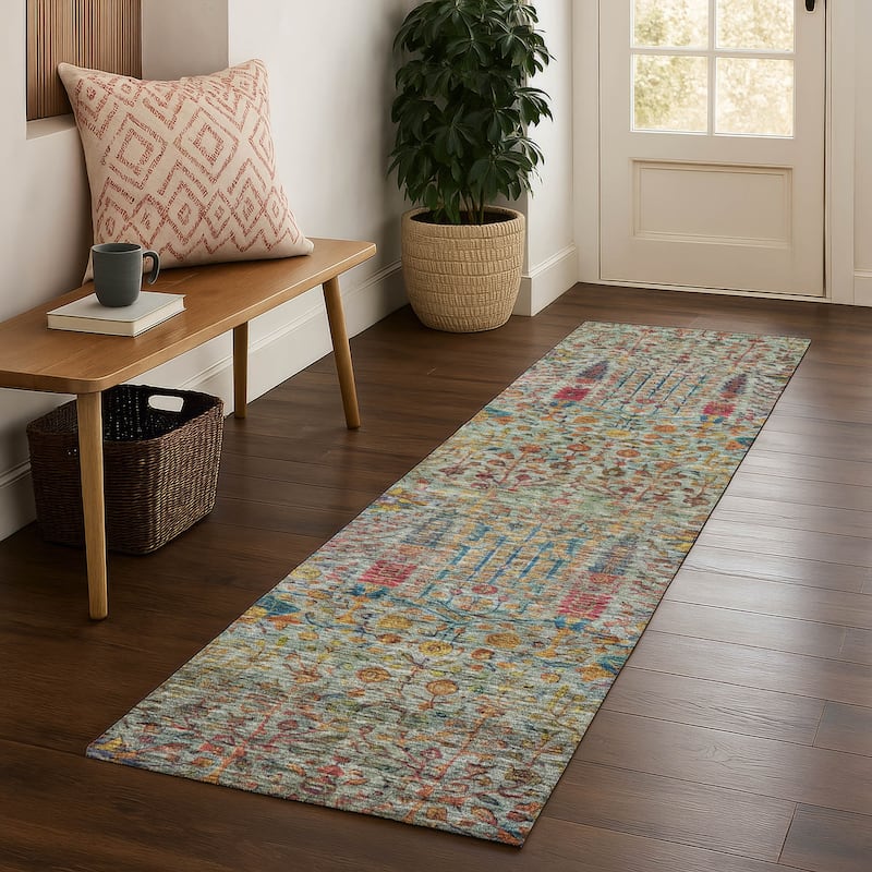 Premium Washable Super Soft Global Ravey Mayfield Rug - Green - 2'3" x 7'6"
