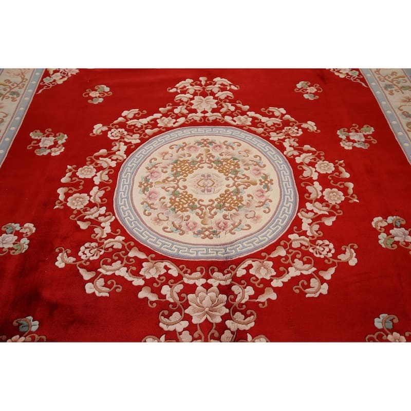 Red Art-Deco Chinese Vintage Area Rug Handmade Wool Carpet - 9'0" x 12'0"