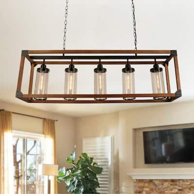 Buris Imitation Wood/Forged Black 5-light Chandelier