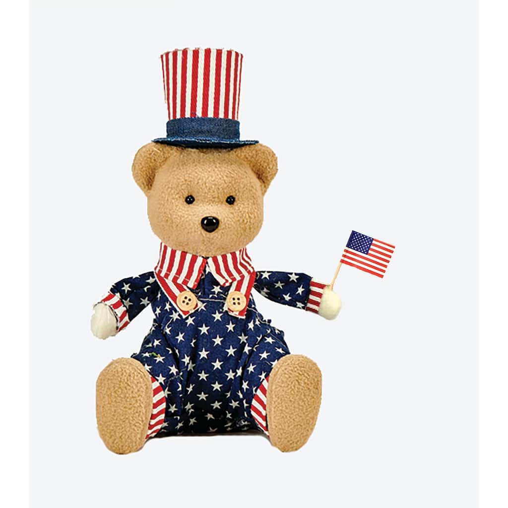 9" Patriotic Sitting Bear Holding Flag - 9