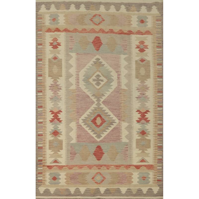 Hand Woven Oriental 100% Wool Carpet Southwestern Tribal Beige & Ivories Kilim Area Rug - 9' 0'' X 5' 11''
