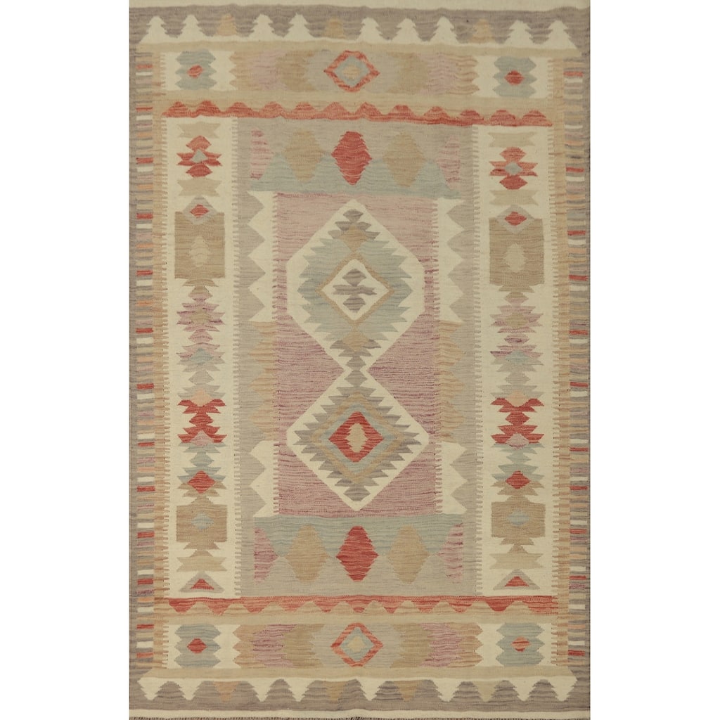 Hand Woven Oriental 100% Wool Carpet Southwestern Tribal Beige & Ivories Kilim Area Rug - 9' 0'' X 5' 11''