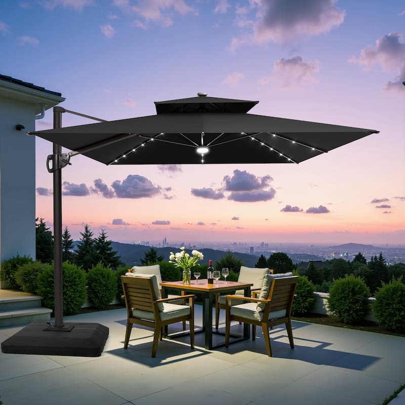 9 x 11 FT Outdoor LED Lighted Patio Cantilever Umbrella with 4-Piece Fillable Weighted Base