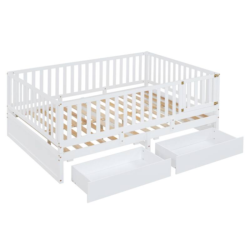 Full Size Wood Daybed with Fence Guardrails and 2 Drawers, Convertible to Floor Bed & Daybed, White