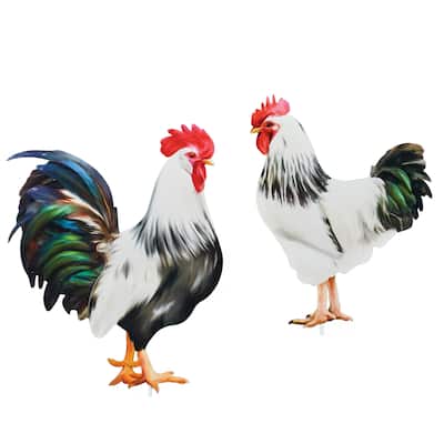 Colorful Realistic Barnyard Rooster Garden Stakes - Set of 2 - 13.5 x 22.87 x 0.5