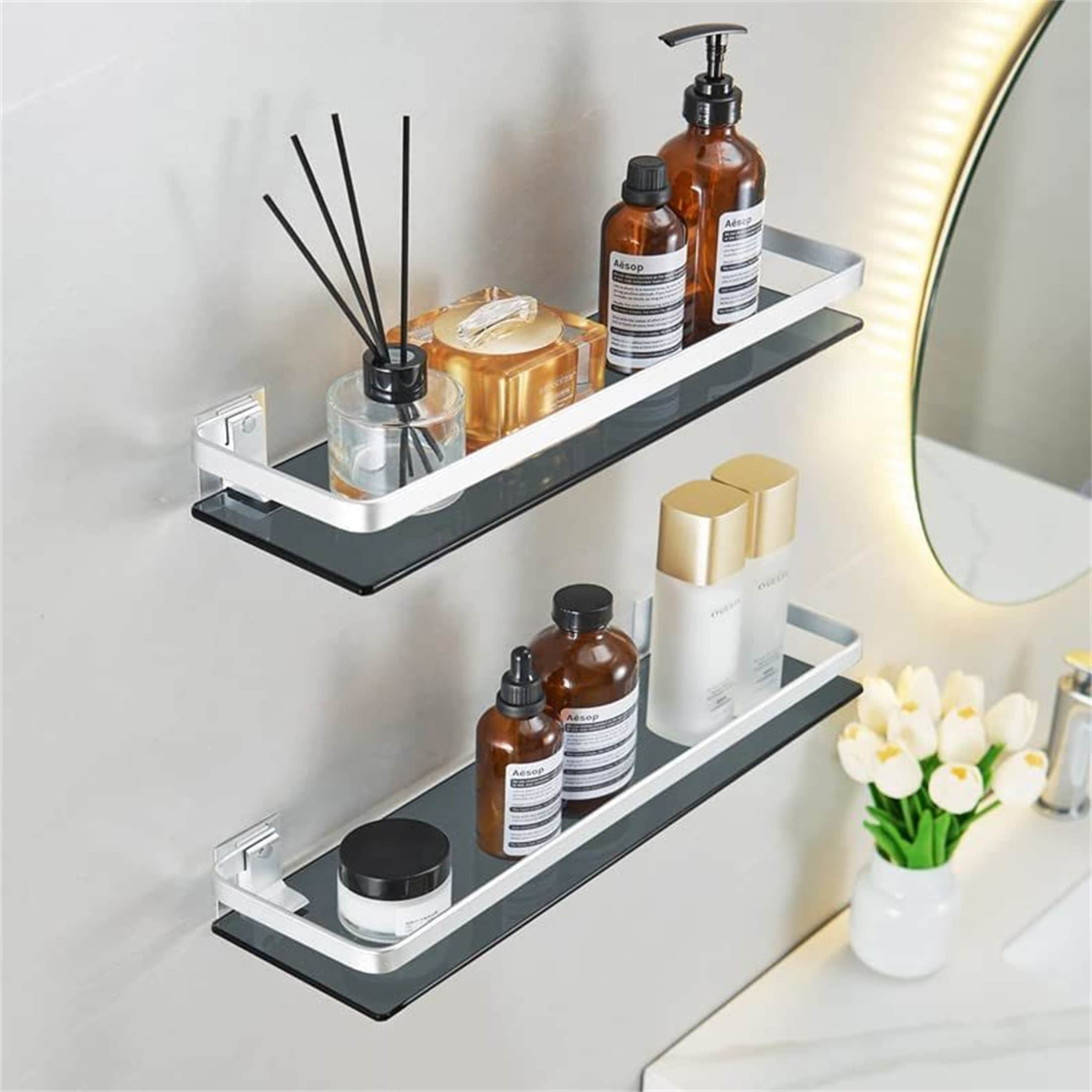 Silver Bathroom Tempered Glass Wall Shelves