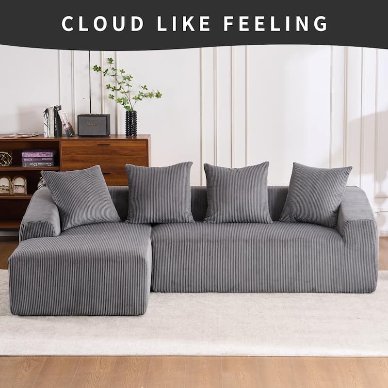 Grey Compression Sofa: Chaise Longue with 3 - Seater, Corduroy Fabric, Full Sponge, 4 Pillows