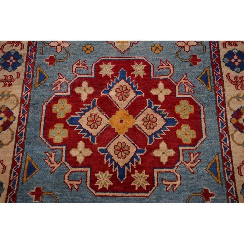 Light Blue Geometric Kazak Oriental Accent Rug Handmade Wool Carpet - 3'6" x 4'11"