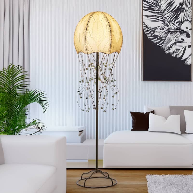 Handmade Jellyfish Large Floor Lamp, Cocoa Leaves Shade, 15 x 15 x 64 in. - Natural