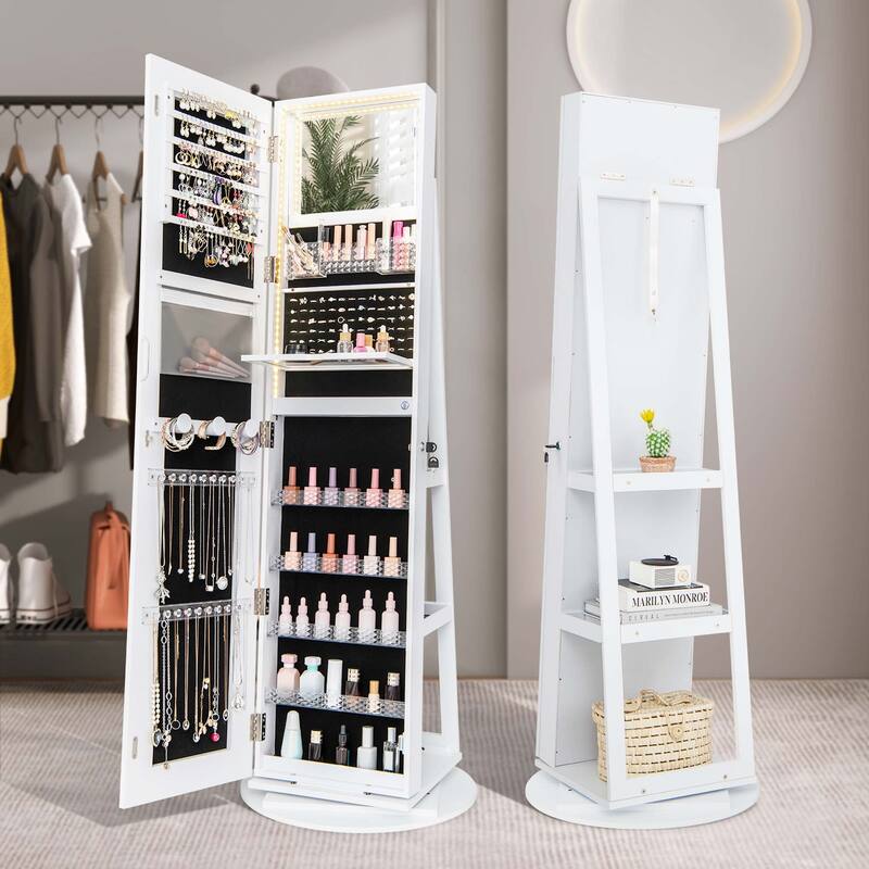 Costway 360° Swivel Jewelry Cabinet Organizer 3-Color LED Mirror with - See Details - White