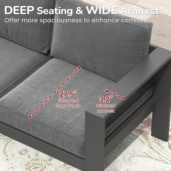 dimension image slide 0 of 6, 3-Seater Outdoor Couch with Plush Cushions, Broad Armrests and Contoured Backrests