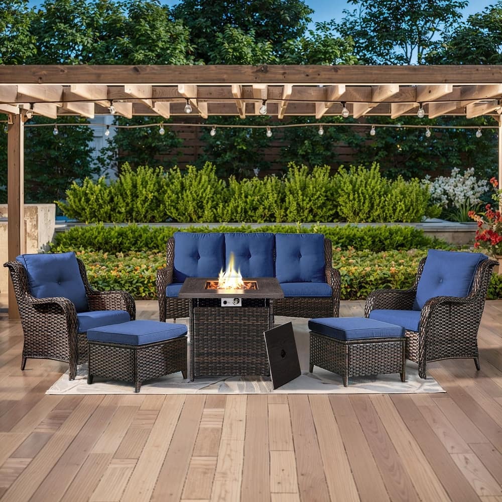 Gymojoy 6-Piece Outdoor Wicker Patio Furniture with Fire Pit Table, Rattan Coversation Set with Water Resistant Thick Cushions