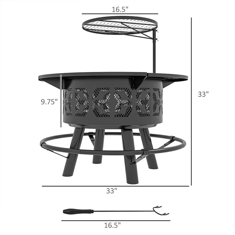 Outdoor Fire Pit and BBQ Grill Black Steel Adjustable Rotating Grate 33 Inch with Poker - 33" Diameter x 33" Height