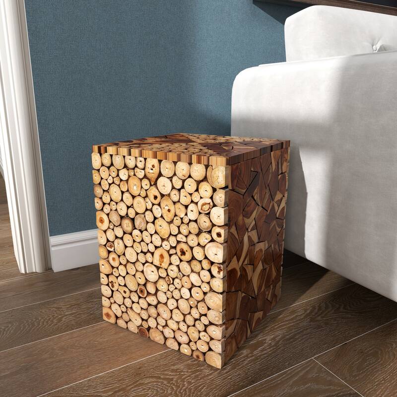 Brown Teak Wood Handmade Square Block Side End Accent Table with Mosaic Wood Chip Design