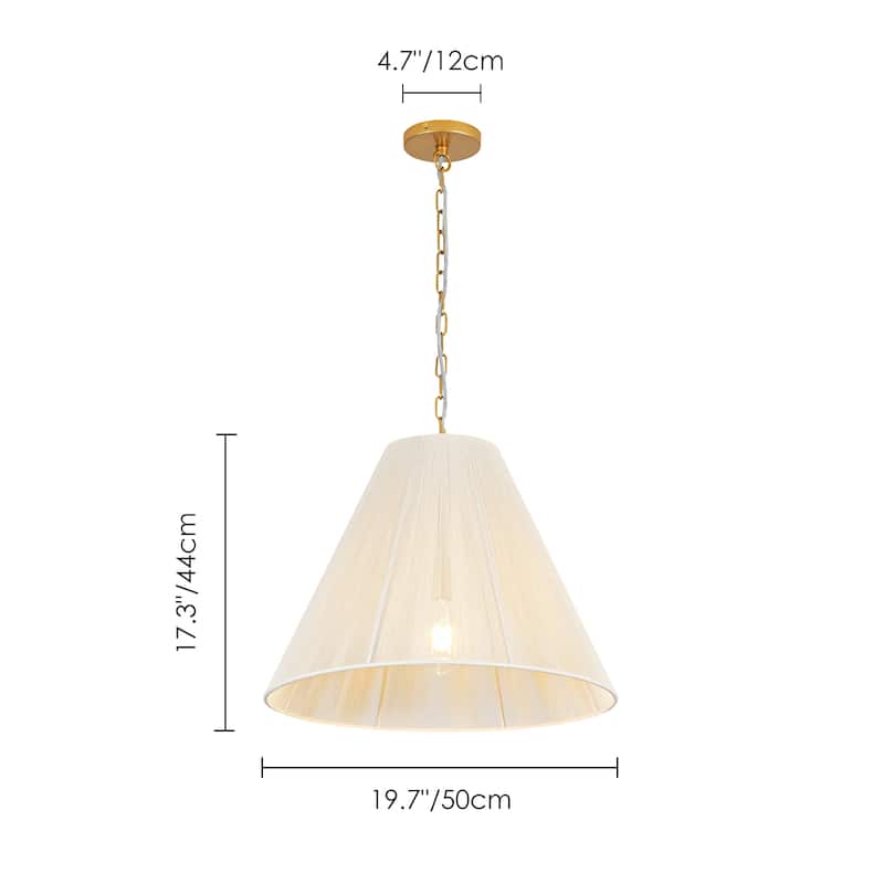 1-Light Brushed Gold Transitional Fabric Shade Cone Pendant Light with Adjustable Chain for Living & Dining Rooms
